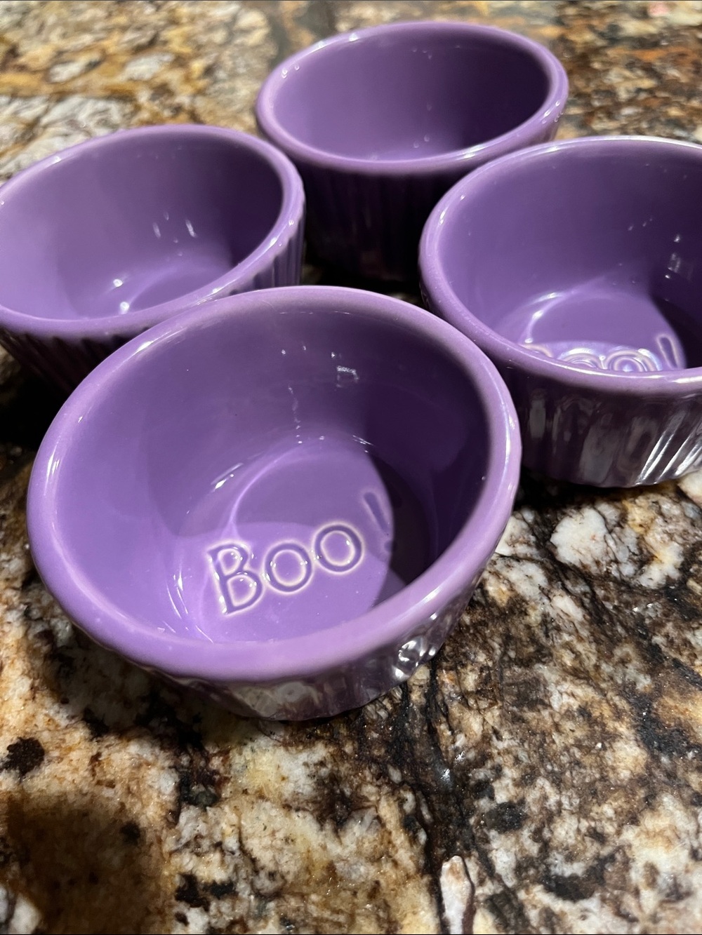 4 purple ceramic ramekins for Halloween...boo!